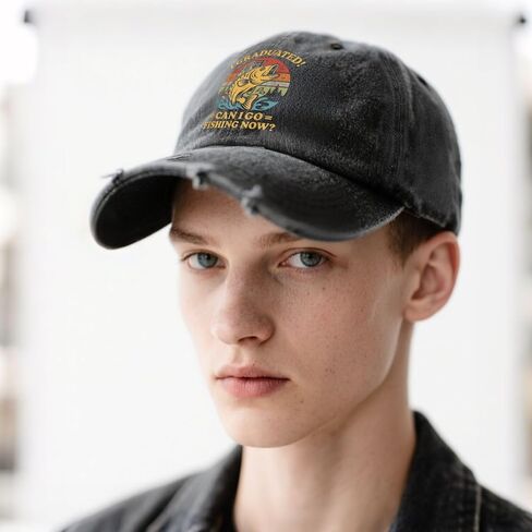 I Graduated Can I Go Fishing Now Hats for Son Cool Washed Distressed Baseball in Kuwait