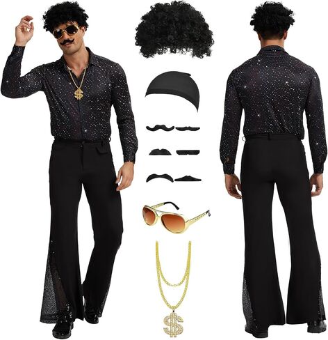 70s Disco Costume for Men 6 Pcs, Retro Bell Bottom Outfit with Wig Sunglasses Necklace for Halloween Cosplay Party in Saudi Arabia