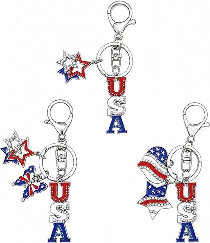 3PCS 4th of July Keychain Set, Patriotic USA Keychains with American Flag Star Heart Charms, Independence Day Key Rings for Women Girls Bags Purse Accessories in Saudi Arabia
