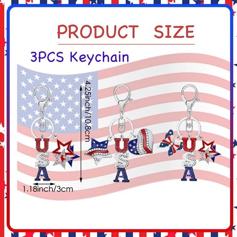 3PCS 4th of July Keychain Set, Patriotic USA Keychains with American Flag Star Heart Charms, Independence Day Key Rings for Women Girls Bags Purse Accessories in Saudi Arabia