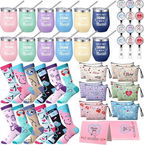 Tioncy 60 Pcs Nurses Week Gifts Bulk 2026 for Women Include 12 oz Stainless Steel Tumbler Cosmetic Bags Badge Reel Novelty Socks Nursing Appreciation Gift for Nurses Graduates(Fashion) in Kuwait