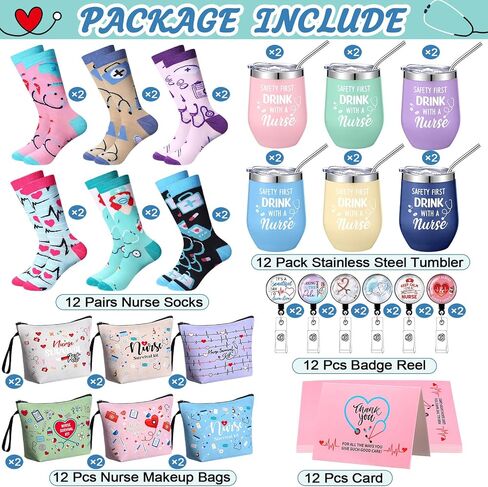 Tioncy 60 Pcs Nurses Week Gifts Bulk 2026 for Women Include 12 oz Stainless Steel Tumbler Cosmetic Bags Badge Reel Novelty Socks Nursing Appreciation Gift for Nurses Graduates(Fashion) in Kuwait