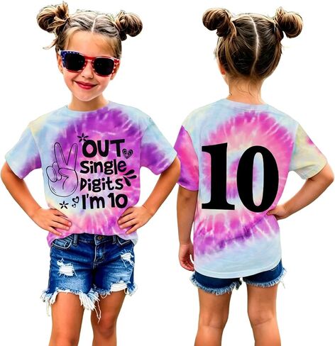 GLIGLITTR Peace Out Single Digits I'm 10 Tie Dye Birthday Girl Shirt 10th Birthday Girls Tee Cute Short Sleeve Summer Outfits in Kuwait