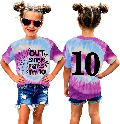 GLIGLITTR Peace Out Single Digits I'm 10 Tie Dye Birthday Girl Shirt 10th Birthday Girls Tee Cute Short Sleeve Summer Outfits in Kuwait