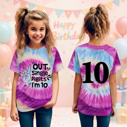 GLIGLITTR Peace Out Single Digits I'm 10 Tie Dye Birthday Girl Shirt 10th Birthday Girls Tee Cute Short Sleeve Summer Outfits in Kuwait
