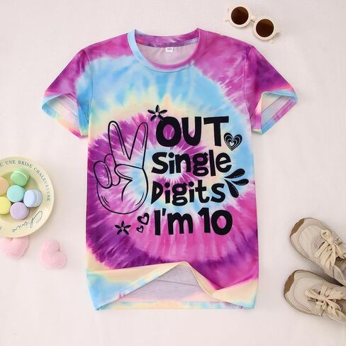 GLIGLITTR Peace Out Single Digits I'm 10 Tie Dye Birthday Girl Shirt 10th Birthday Girls Tee Cute Short Sleeve Summer Outfits in Kuwait