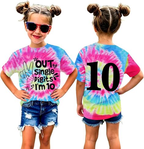 GLIGLITTR Peace Out Single Digits I'm 10 Tie Dye Birthday Girl Shirt 10th Birthday Girls Tee Cute Short Sleeve Summer Outfits in Kuwait
