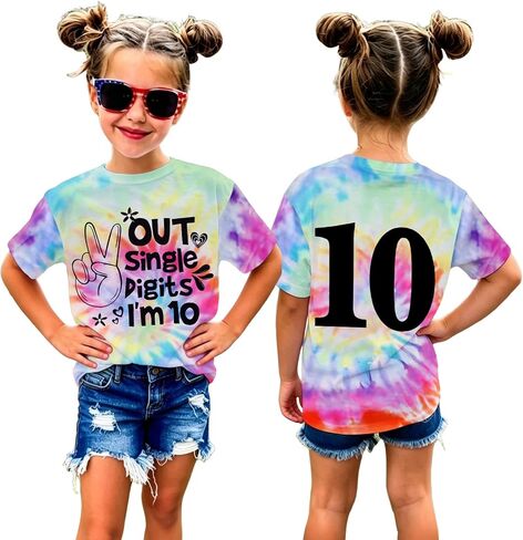 GLIGLITTR Peace Out Single Digits I'm 10 Tie Dye Birthday Girl Shirt 10th Birthday Girls Tee Cute Short Sleeve Summer Outfits in Kuwait