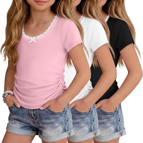 3 Pack Girl's Short Sleeve T-Shirts 5-14Y Teen Lace Trim U Neck Kids Bow Tees Basic Casual Cute Summer School Tops in Kuwait