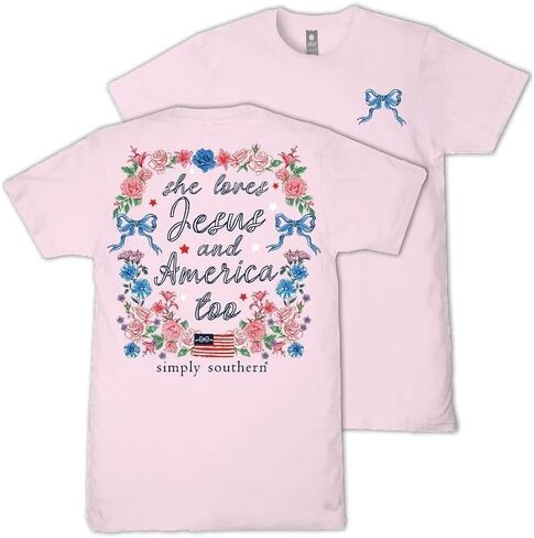Simply Southern She Loves Jesus and America Too - Floral - Bows - Flag - Youth T-Shirt in Kuwait