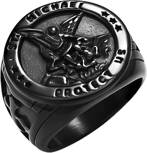Saints Michael Ring for Men, 18K Gold Plated/Black Metal, St. Michael San Miguel The Great Protector Archangel Defeating Satan Figurine Stainless Steel Amulet Rings, Size 7-14, Send Gift Box in Saudi Arabia