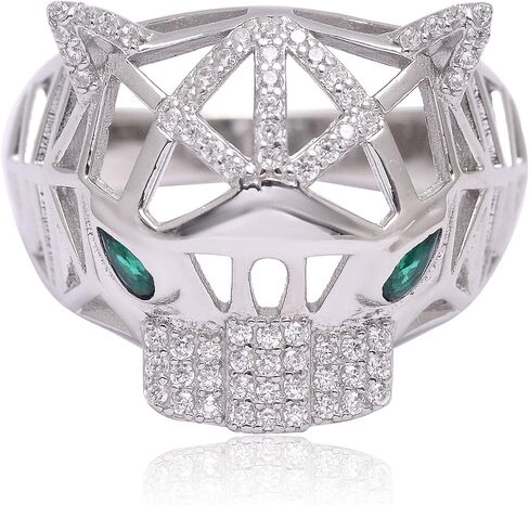Panther Head Ring for Men & Women, 925 Sterling Silver Animal Statement Ring with Green Stone Eyes, Geometric Leopard Face CZ Pave Ring, Bold Luxury Jewelry Gift, Size (5-12) in Saudi Arabia