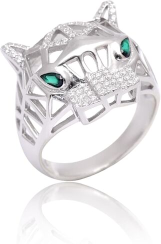 Panther Head Ring for Men & Women, 925 Sterling Silver Animal Statement Ring with Green Stone Eyes, Geometric Leopard Face CZ Pave Ring, Bold Luxury Jewelry Gift, Size (5-12) in Saudi Arabia