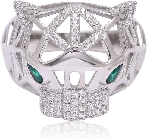 Panther Head Ring for Men & Women, 925 Sterling Silver Animal Statement Ring with Green Stone Eyes, Geometric Leopard Face CZ Pave Ring, Bold Luxury Jewelry Gift, Size (5-12) in Saudi Arabia