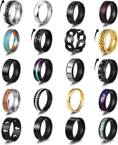 Giovanchi 20PCS Stainless Steel Fidget Rings for Men Women Non Tarnish - Anxiety Relief Smooth Black Spinner Ring Set Mens Wedding Band Daily Engagement Promise Rings Jewelry Gift Comfort Fit Size 7-13 in Saudi Arabia