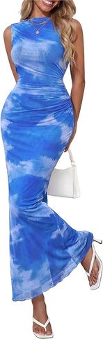 PRETTYGARDEN فساتين الصيف للنساء 2026 بلا أكمام Bodycon ماكسي الربيع وهمية رابطة عنق صبغ شبكة كوكتيل الخروج فستان in Kuwait