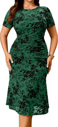 RWJ Women Plus Size Wedding Guest Dress 2026 Summer Short Sleeve Floral Bodycon Mesh Formal Evening Cocktail Party Dress in Saudi Arabia