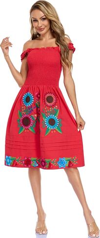 Womens Mexican Dress Embroidered Bohemian Floral Midi Dress Flowy Summer A Line Beach Vacation Dresses in Saudi Arabia