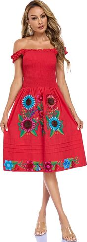 Womens Mexican Dress Embroidered Bohemian Floral Midi Dress Flowy Summer A Line Beach Vacation Dresses in Saudi Arabia