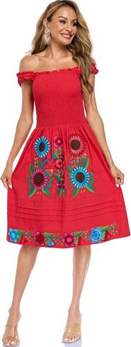 Womens Mexican Dress Embroidered Bohemian Floral Midi Dress Flowy Summer A Line Beach Vacation Dresses in Saudi Arabia