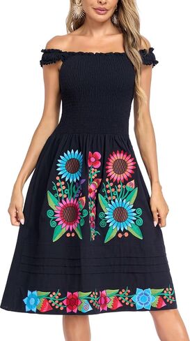 Womens Mexican Dress Embroidered Bohemian Floral Midi Dress Flowy Summer A Line Beach Vacation Dresses in Saudi Arabia