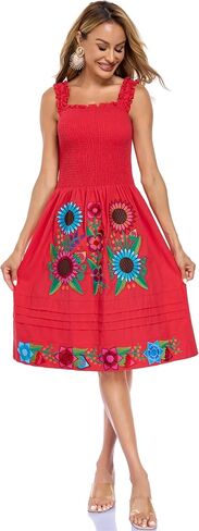 Womens Mexican Dress Embroidered Bohemian Floral Midi Dress Flowy Summer A Line Beach Vacation Dresses in Saudi Arabia