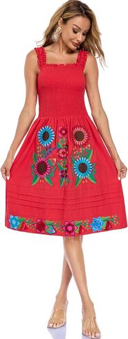 Womens Mexican Dress Embroidered Bohemian Floral Midi Dress Flowy Summer A Line Beach Vacation Dresses in Saudi Arabia