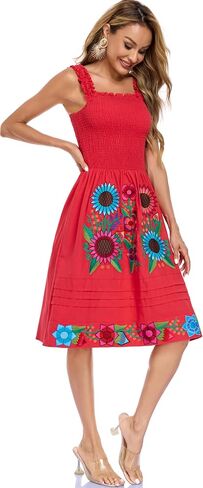 Womens Mexican Dress Embroidered Bohemian Floral Midi Dress Flowy Summer A Line Beach Vacation Dresses in Saudi Arabia