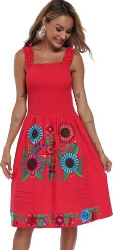 Womens Mexican Dress Embroidered Bohemian Floral Midi Dress Flowy Summer A Line Beach Vacation Dresses in Saudi Arabia
