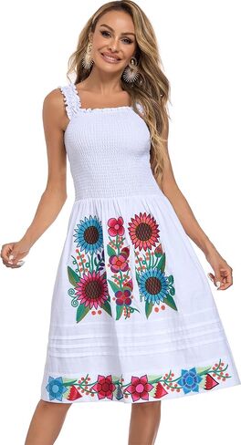 Womens Mexican Dress Embroidered Bohemian Floral Midi Dress Flowy Summer A Line Beach Vacation Dresses in Saudi Arabia