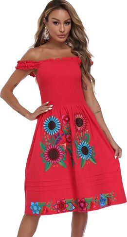 Womens Mexican Dress Embroidered Bohemian Floral Midi Dress Flowy Summer A Line Beach Vacation Dresses in Saudi Arabia