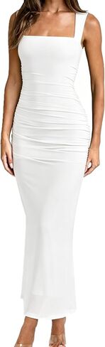 Elegant Bodycon Ruched Maxi Dress Sleeveless Wedding Guest Mesh Square Neck Long Dress in Saudi Arabia