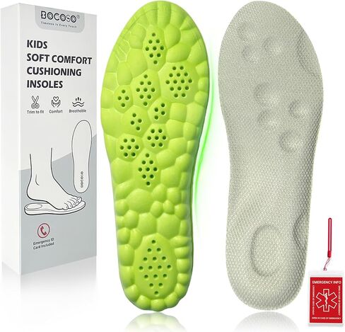 Kids Insoles for Sneakers and Shoes, Memory Foam Insoles with Shock Absorption, Cushioning Shoe Inserts for Boys and Girls, Soft Arch Insoles with Bonus Emergency ID Card in Saudi Arabia
