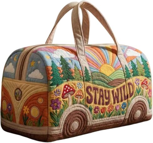 Retro Van Shape Quilted Duffle Printed Bag,Colorful Hippie Peace Sign, Wild Design, Travel Weekender Tote Bag in Saudi Arabia