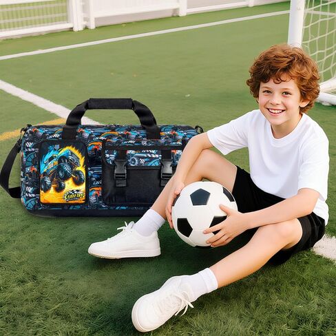Kids Duffle Bag, Boys Travel Overnight Bag for Toddlers, Truck Weekender Gym Sports Duffel with Shoe Compartment (Black) in Saudi Arabia