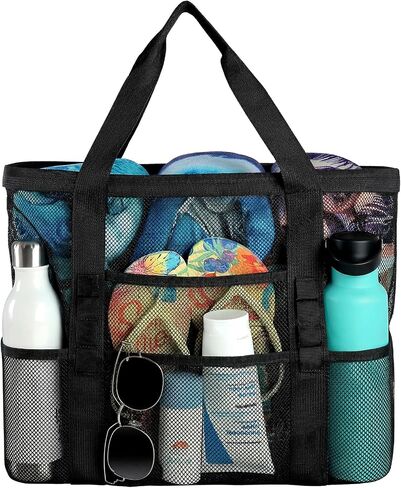 Beach Bag - Mesh Beach Bag Large 8 Pockets, Beach Tote Bag Beach Essentials for Vacation Must Haves in Kuwait