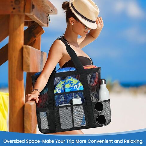 Beach Bag - Mesh Beach Bag Large 8 Pockets, Beach Tote Bag Beach Essentials for Vacation Must Haves in Kuwait