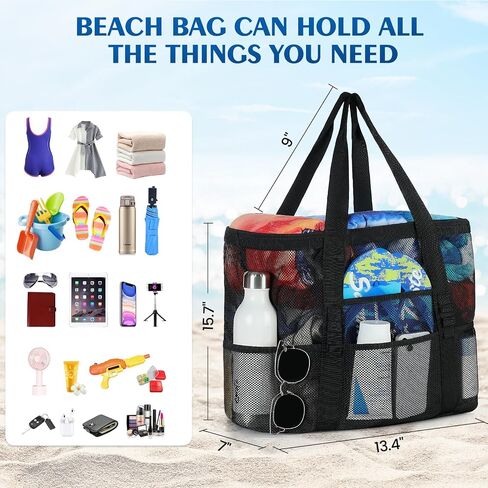 Beach Bag - Mesh Beach Bag Large 8 Pockets, Beach Tote Bag Beach Essentials for Vacation Must Haves in Kuwait