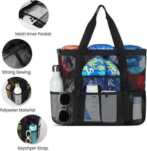 Beach Bag - Mesh Beach Bag Large 8 Pockets, Beach Tote Bag Beach Essentials for Vacation Must Haves in Kuwait