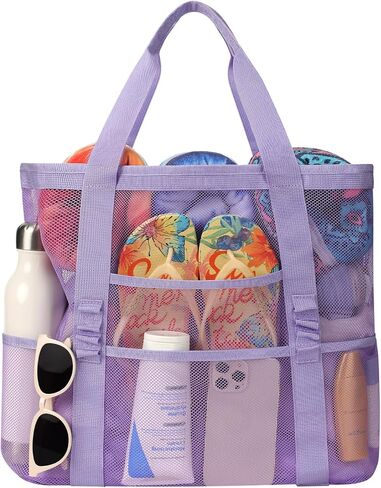 Beach Bag - Mesh Beach Bag Large 8 Pockets, Beach Tote Bag Beach Essentials for Vacation Must Haves in Kuwait