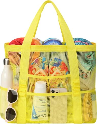 Beach Bag - Mesh Beach Bag Large 8 Pockets, Beach Tote Bag Beach Essentials for Vacation Must Haves in Kuwait