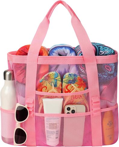 Beach Bag - Mesh Beach Bag Large 8 Pockets, Beach Tote Bag Beach Essentials for Vacation Must Haves in Kuwait