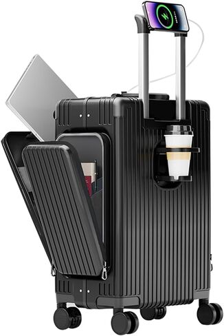 feilario 20in Aluminum Frame PC Carry On Luggage Tri-Zone Access Hard Shell Brake Wheels Suitcase with Cup Holder, Phone Holder, TSA Approved Lock (Black, 20") in Saudi Arabia