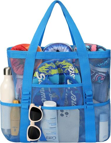 Beach Bag - Mesh Beach Bag Large 8 Pockets, Beach Tote Bag Beach Essentials for Vacation Must Haves in Kuwait