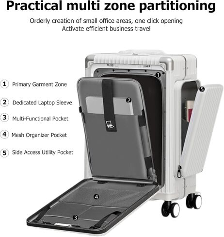 feilario 20in Aluminum Frame PC Carry On Luggage Tri-Zone Access Hard Shell Brake Wheels Suitcase with Cup Holder, Phone Holder, TSA Approved Lock (Black, 20") in Saudi Arabia
