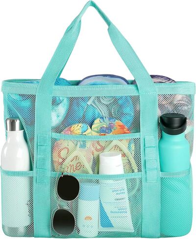 Beach Bag - Mesh Beach Bag Large 8 Pockets, Beach Tote Bag Beach Essentials for Vacation Must Haves in Kuwait