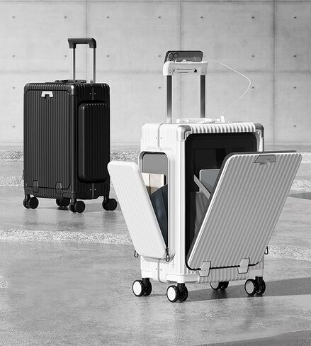 feilario 20in Aluminum Frame PC Carry On Luggage Tri-Zone Access Hard Shell Brake Wheels Suitcase with Cup Holder, Phone Holder, TSA Approved Lock (Black, 20") in Saudi Arabia