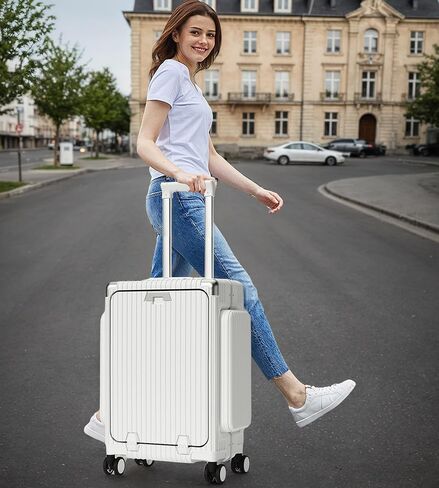 feilario 20in Aluminum Frame PC Carry On Luggage Tri-Zone Access Hard Shell Brake Wheels Suitcase with Cup Holder, Phone Holder, TSA Approved Lock (Black, 20") in Saudi Arabia