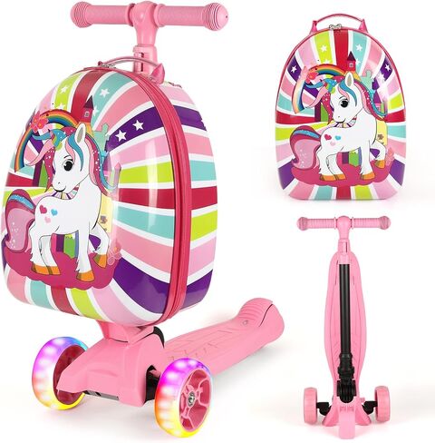 3-in-1 Ride-On Scooter Suitcase, Hardside Ride On Suitcase For Kids Ages 4-15 with LED Light-Up Wheels, Retractable Handle, Foldable & Detachable Scooter Travel Trolley Ride On Luggage-Pink in Saudi Arabia