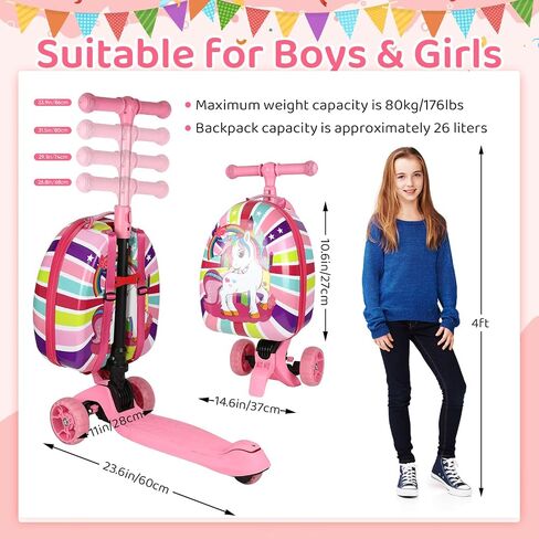 3-in-1 Ride-On Scooter Suitcase, Hardside Ride On Suitcase For Kids Ages 4-15 with LED Light-Up Wheels, Retractable Handle, Foldable & Detachable Scooter Travel Trolley Ride On Luggage-Pink in Saudi Arabia